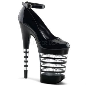 New black 9in pleaser pumps with clear stripes